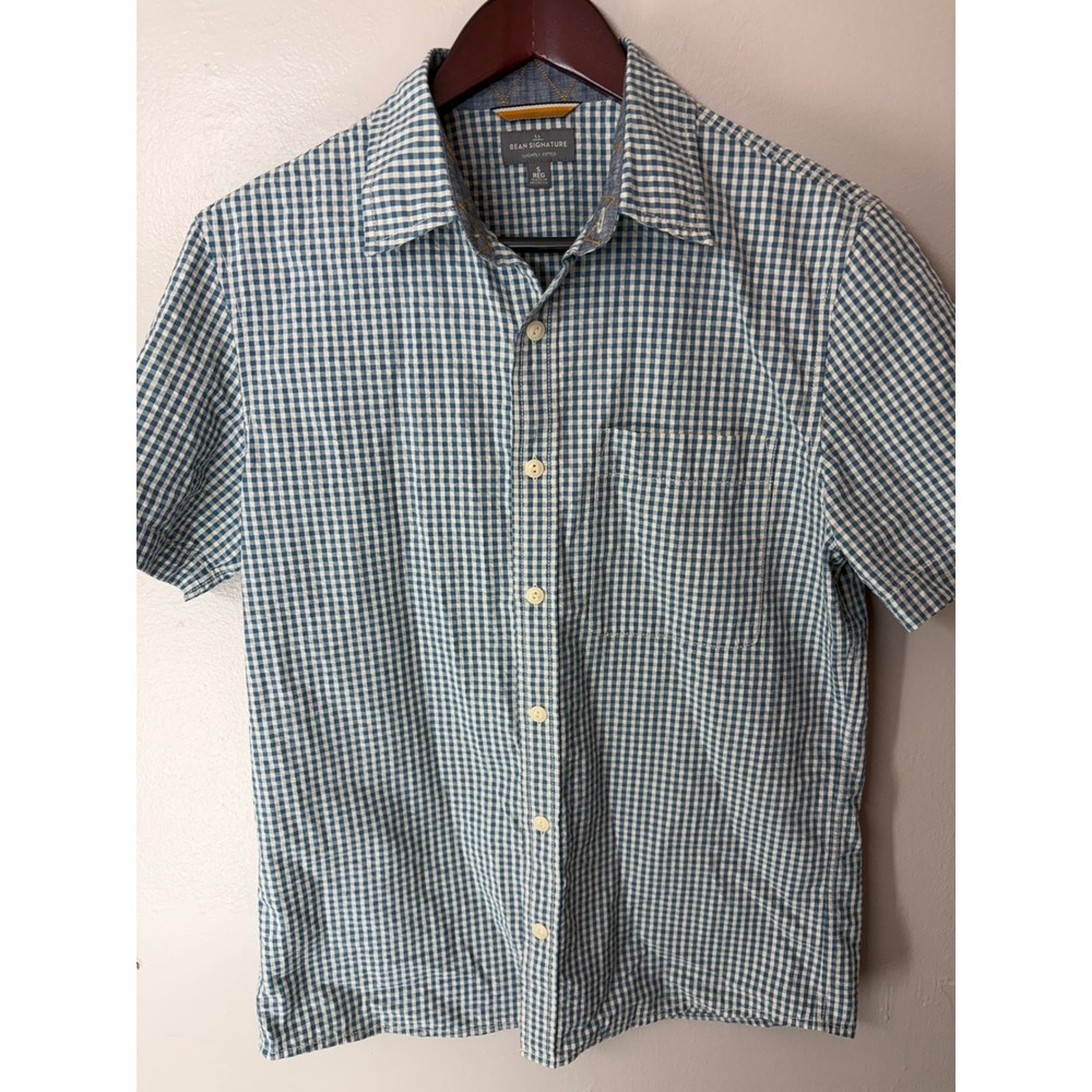 LL Bean Signature Mens Small Blue Gingham textured Cotton Short Sleeve Shirt